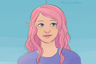 MissLunaRose, a blue-eyed white woman with curly pink hair